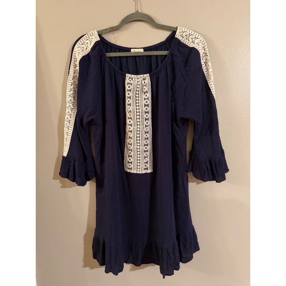 Indigo Soul Navy Blue Crochet Lace Trim Ruffle Hem Tunic Top 2XL